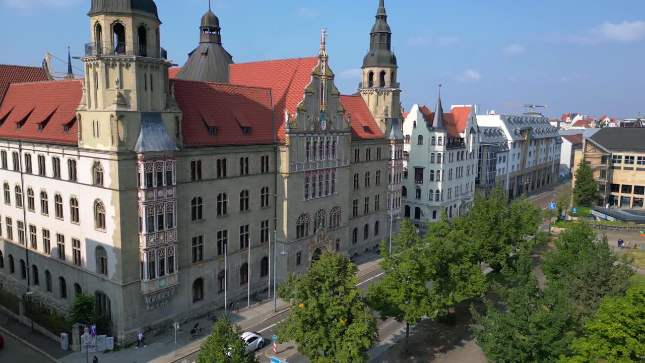 Halle saale district court building, showcasing its impressive architecture and the surrounding cityscape. Unbelievable aerial view flight drone shot footage from above