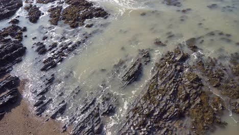 waves lap around vertical stratified rock with sea weed on the coast of mid wales