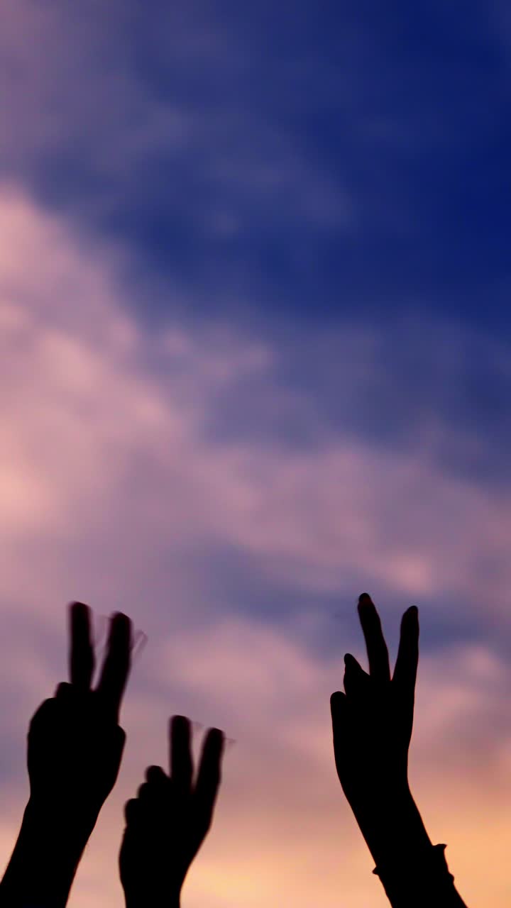 Silhouette on white of hands gesturing victory with sunset background