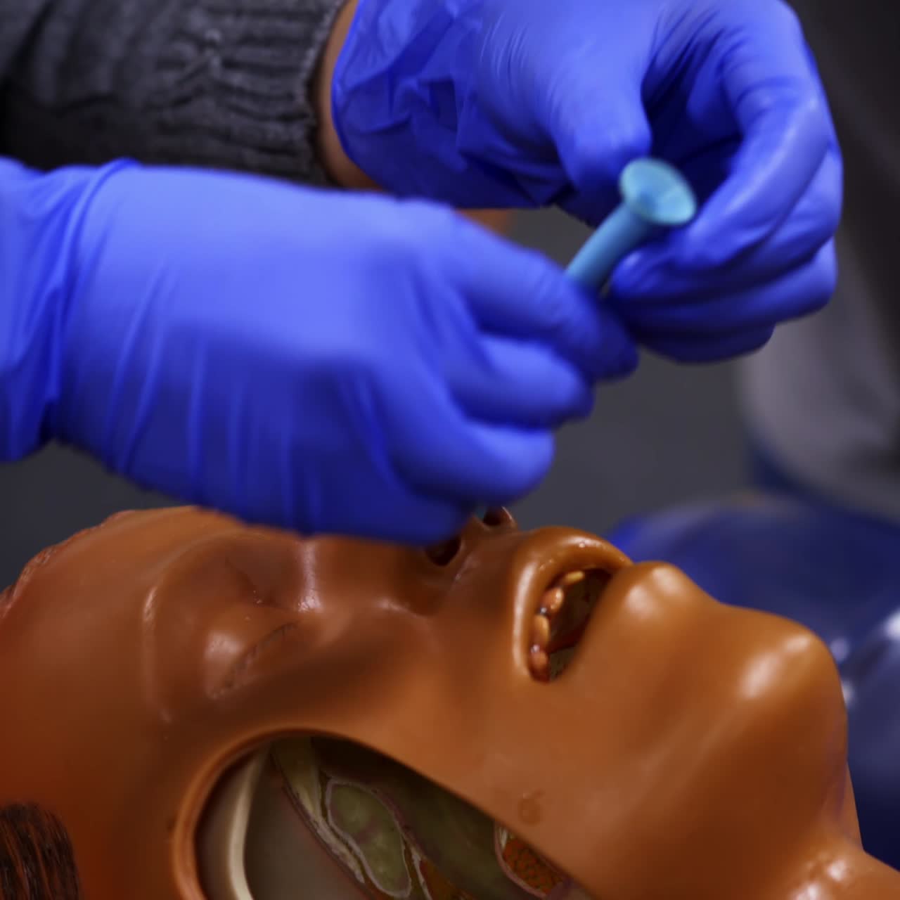 Esercitazione su manichino. Specialista che dimostra una procedura medica su una testa manichino. Corso di formazione. Primo piano.