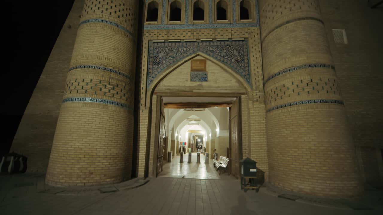 Night View of a Historic City Gate in Uzbekistan