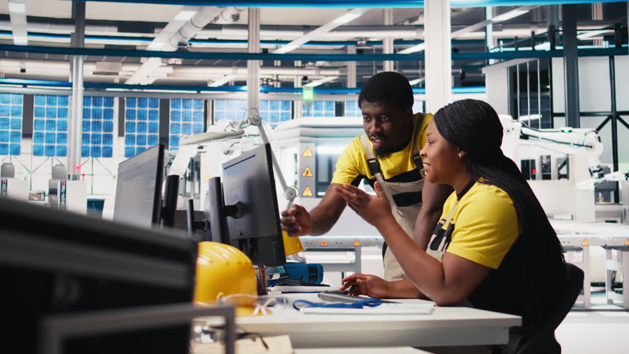 Vertical Video Black engineering team working at a high tech solar panel factory