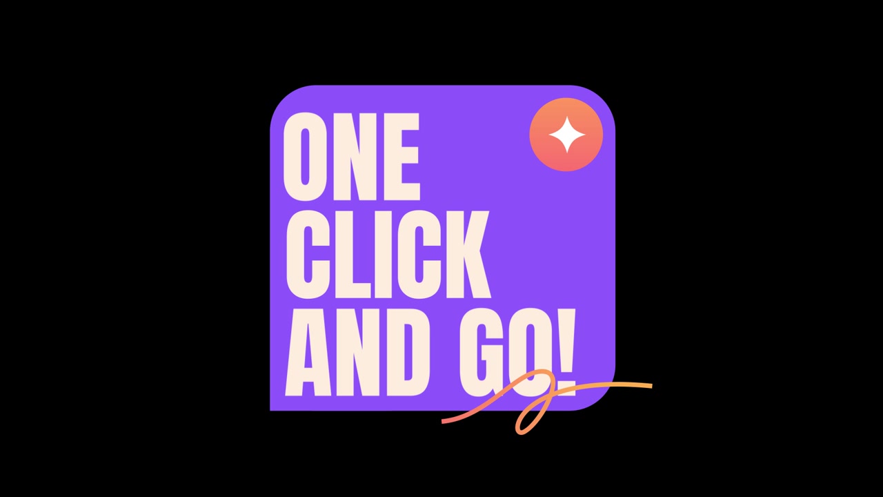 Messaggio animato 'Un clic e via' su grafica viola