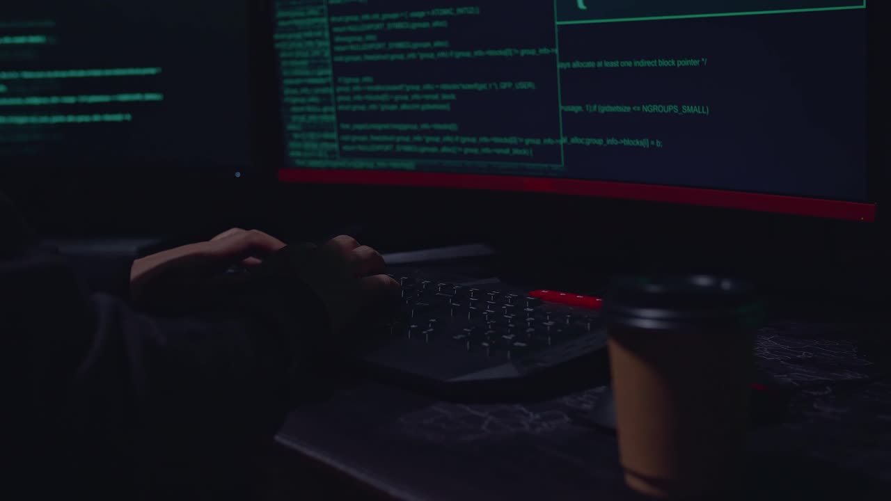 Close Up Of Caucasian Man Hands Typing Data On A Keyboard, Seen On A Computer Monitor