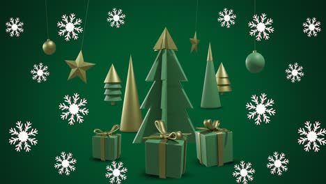 Animation-of-christmas-trees-and-decorations-on-green-background