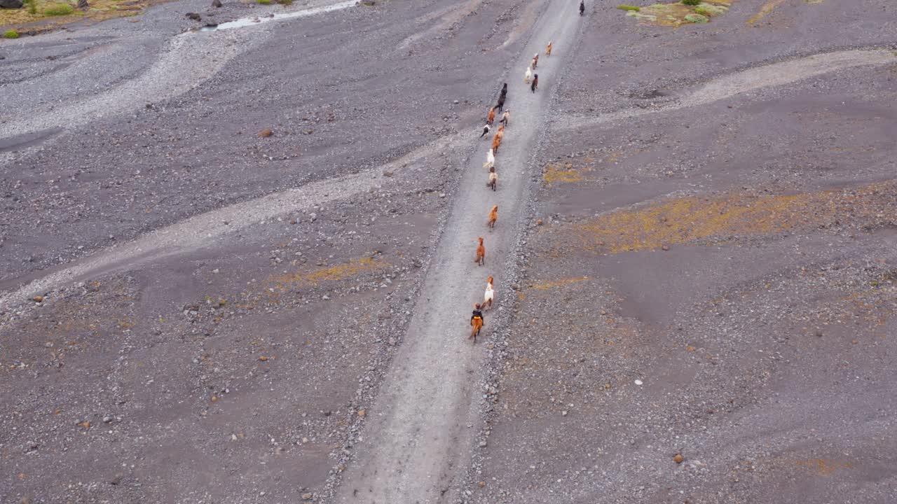 þórsmörk, 아이슬란드의 광대한 탁 트인 풍경을 통해 흙길에서 말을 몰고 있습니다.