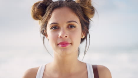 woman, face and beach on summer travel