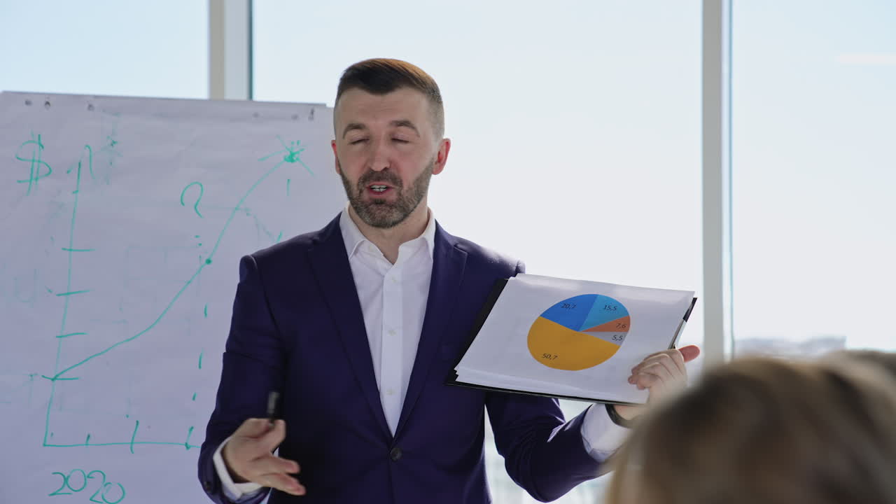 Speaking leader shows the graph and waves hand with pen actively. Boss explaining chart to his employees. Light blurred backdrop.