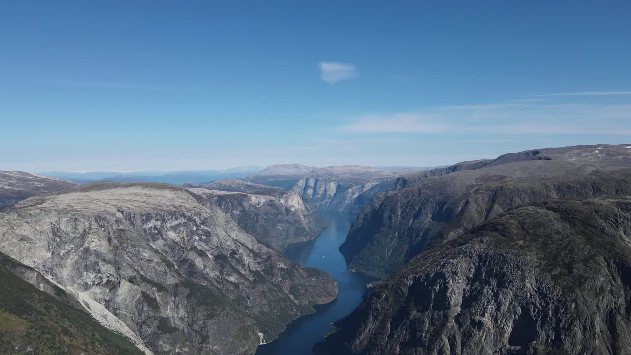 Panorama view of Unesco Heritage listed Nærøyfjord in Norway. Drone footage