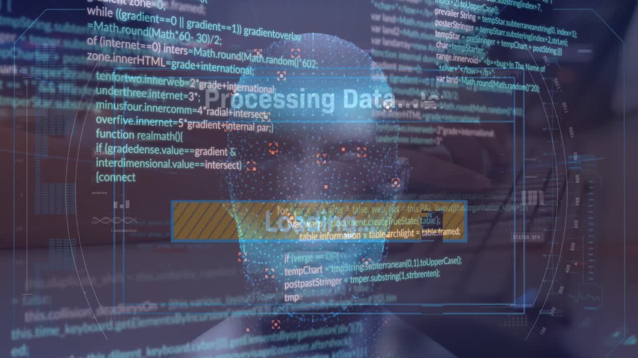 Animation of loading text, bar, computer language, digital face on cropped hands typing on keyboard