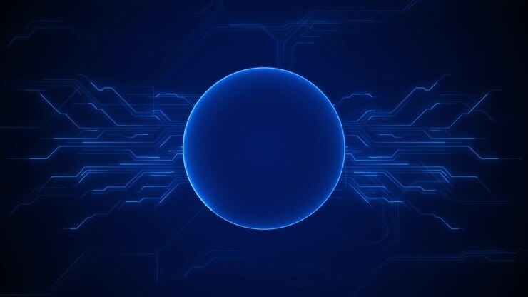 Sfondo con sfera digitale blu, linee di circuito luminose, spazio tecnologico scuro e orbita centrale pulita per