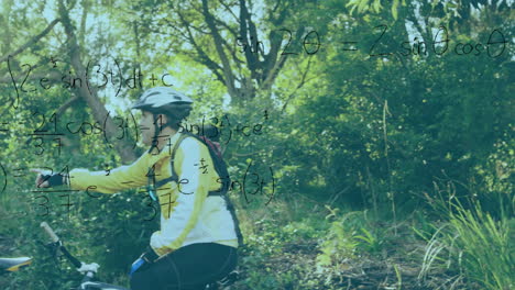 Two cyclists riding wooded trail, pointing forward, with floating math equations for education