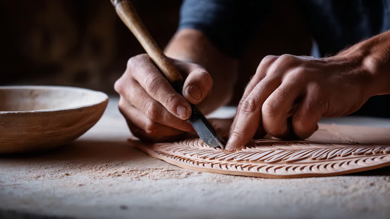 Artigiano che crea motivi complessi su una superficie di argilla con strumenti manuali di precisione in un ambiente di laboratorio rustico, concentrandosi su texture e dettagli