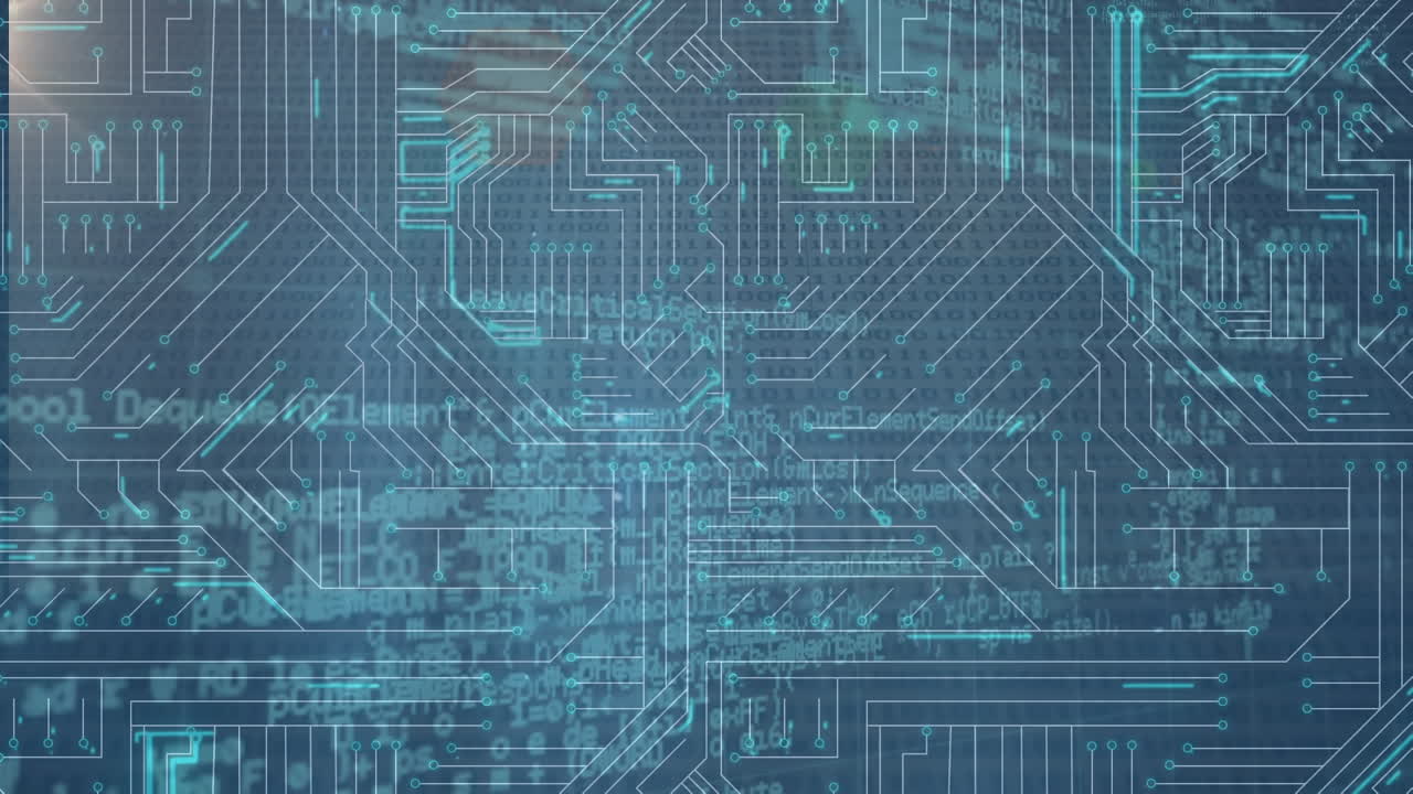 animación del procesamiento de datos sobre una placa de circuitos informáticos brillante