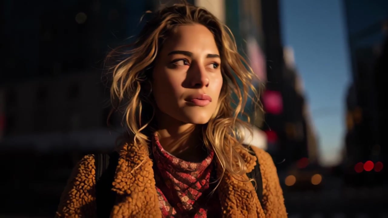 Riprese cinematografiche di una giovane donna pensierosa all'aperto in una strada urbana all'ora d'oro, con luce solare calda sul viso, profondità di campo ridotta e luci della città sfocate.