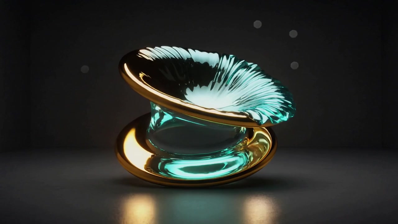 Opening causing sculpture spinning and deforming on studio floor, showing gold rims, teal core