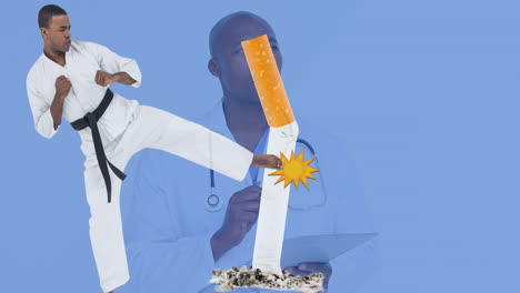 animación de un luchador de karate afroamericano pateando un cigarrillo sobre un médico afroamericano