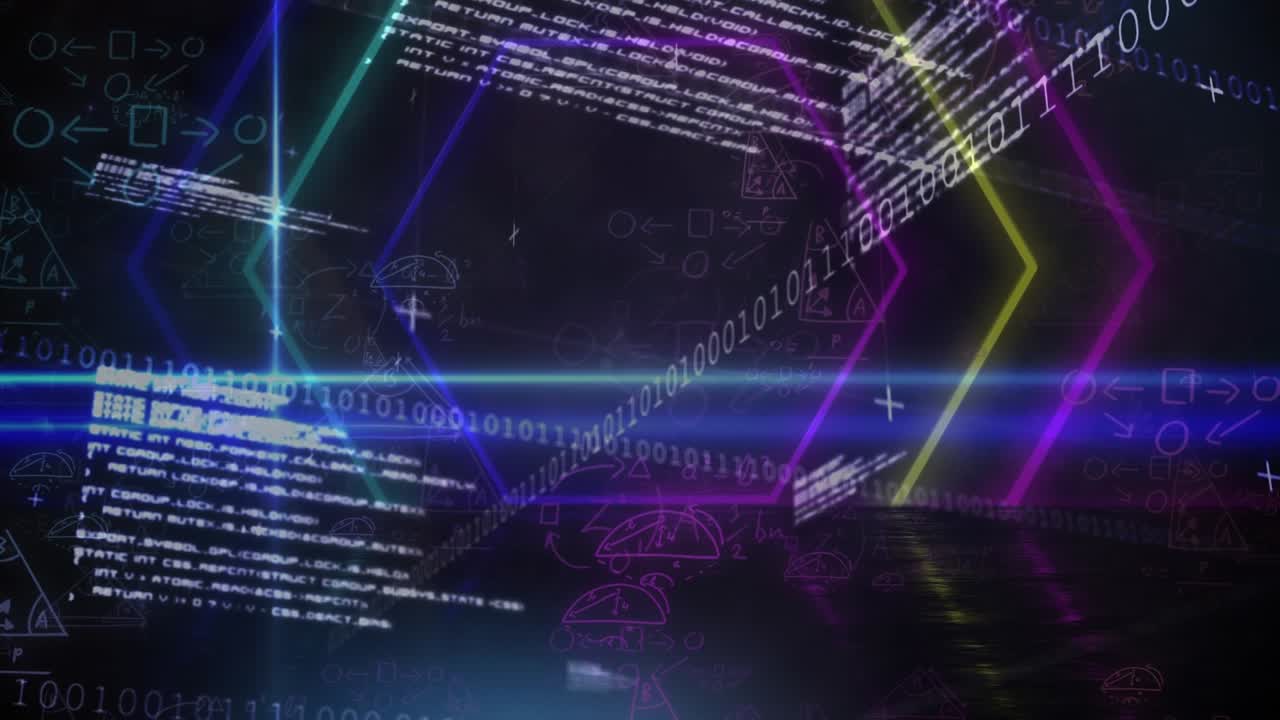 Animation of data processing over black background with lights and neon hexagons