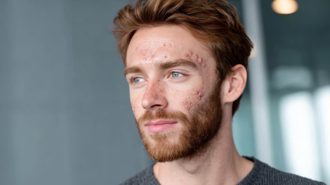 A Man with Facial Imperfections Showcasing Confidence in a Modern Environment, Captured in Two Frames of Expression Amidst a Contemporary Background