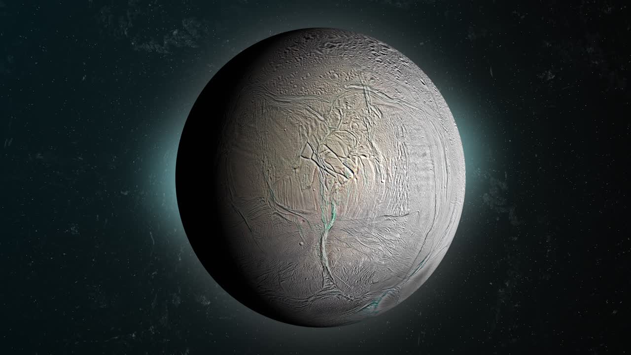 토성의 위성인 엔셀라두스 (enceladus) 는 우주에서 회전하고 있다.