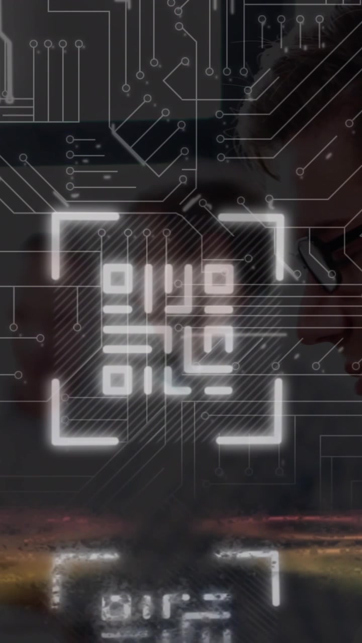 Animation of qr code, circles and integrated circuit over dark space
