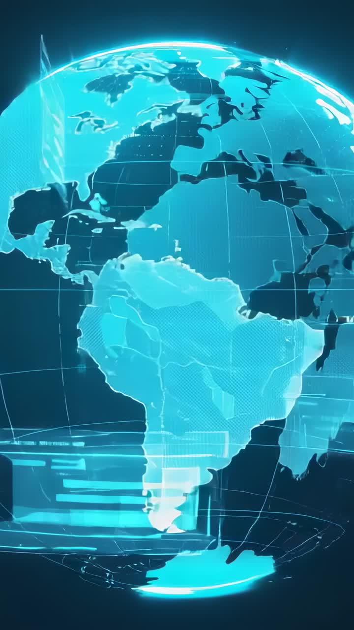 Vertical video: Emerging globe rotating in data space, revealing continent outlines with grid lines