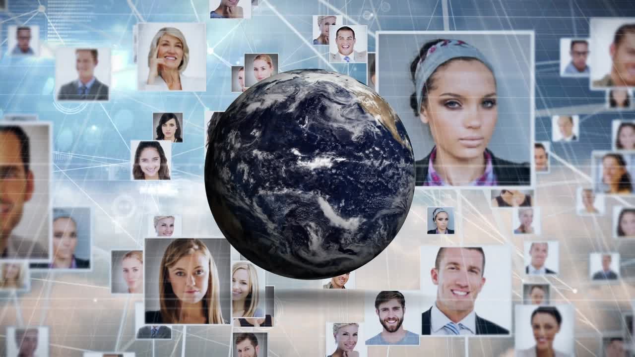 Animazione di un globo con rete di connessioni e foto di professionisti.