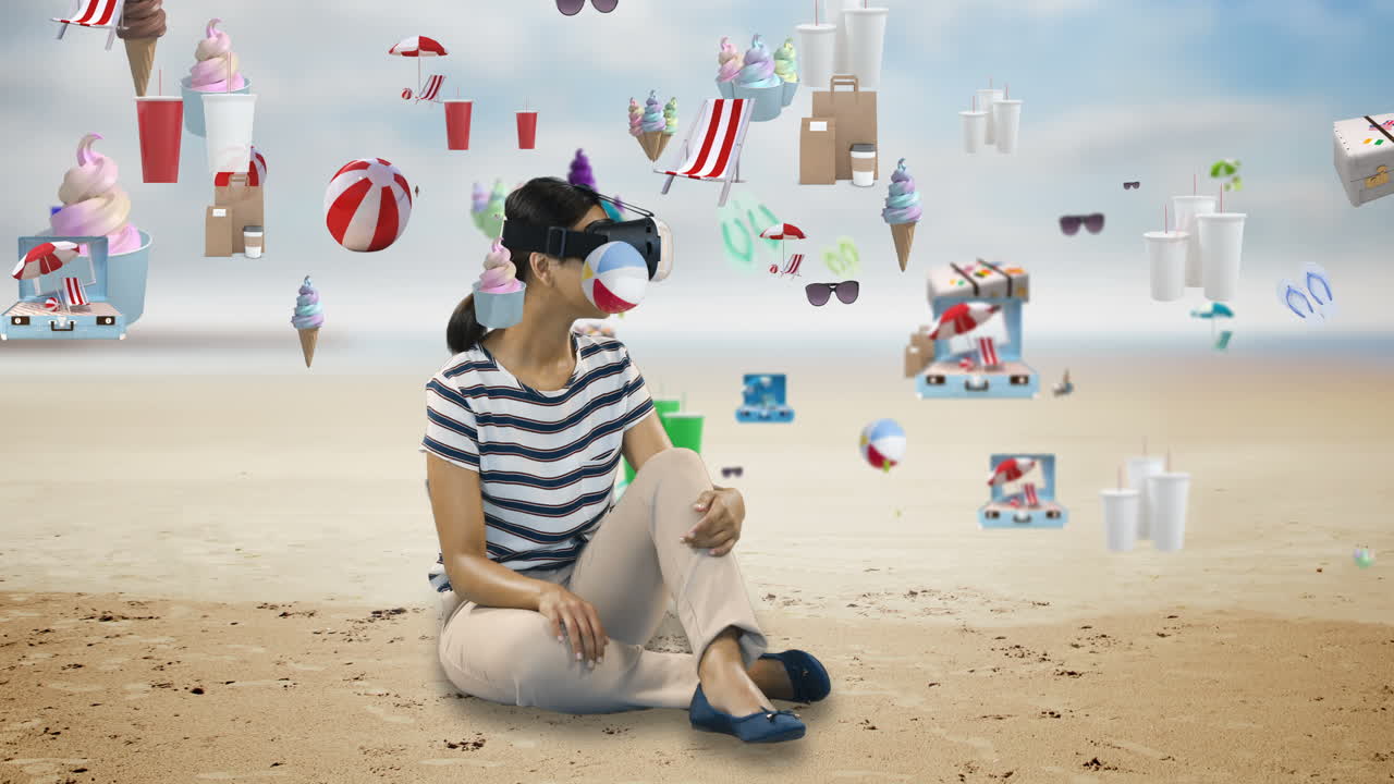 디지털로 생성된 디저트 아이콘 4k와 함께 가상 현실 헤드 ⁇ 을 사용하는 여성