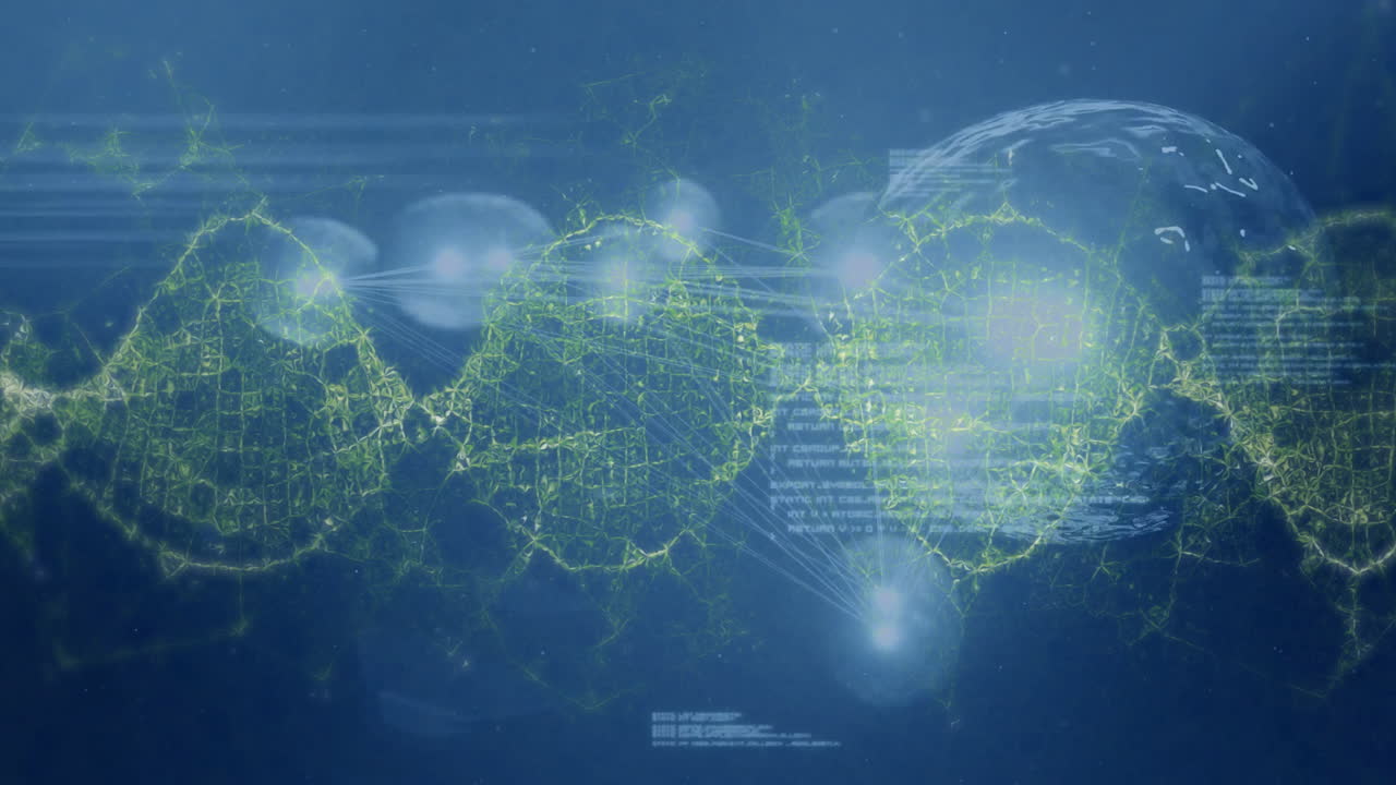 Glowing nodes and connections forming abstract digital animation on blue background