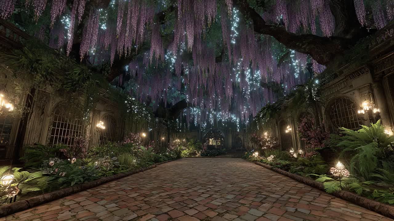 Cena encantadora de um caminho de jardim iluminado, emoldurado por glicínias lavanda, folhagem exuberante e iluminação suave, criando uma atmosfera onírica.