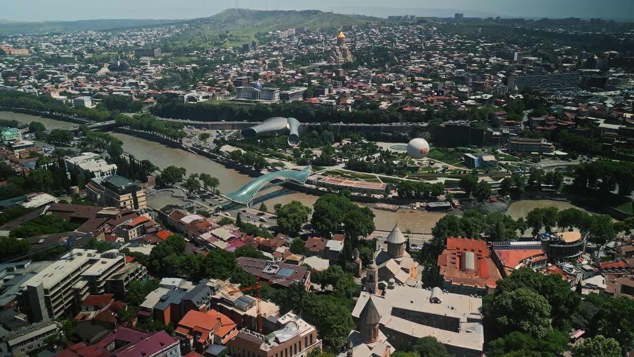 Panoramic Aerial View of Tbilisi, Georgia, with Bridge of Peace and Kura River