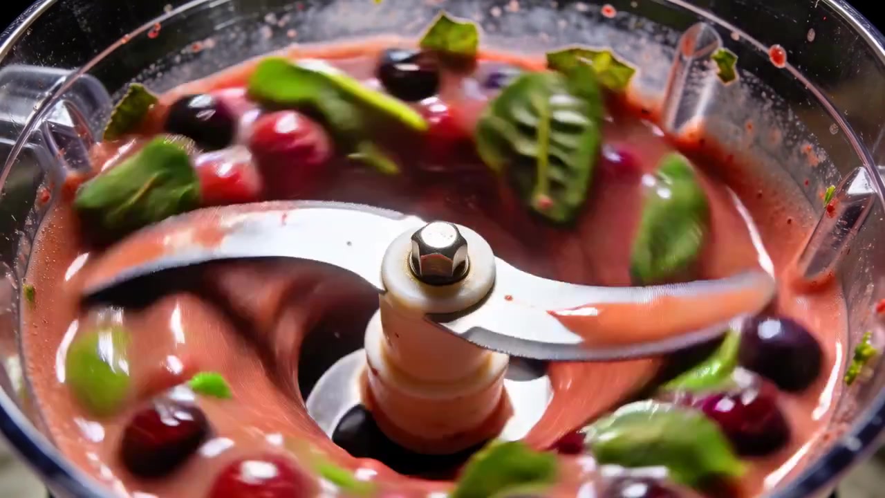 Motor starting blender blades pulling berries, leaves in clear bowl in kitchen, forming pink puree