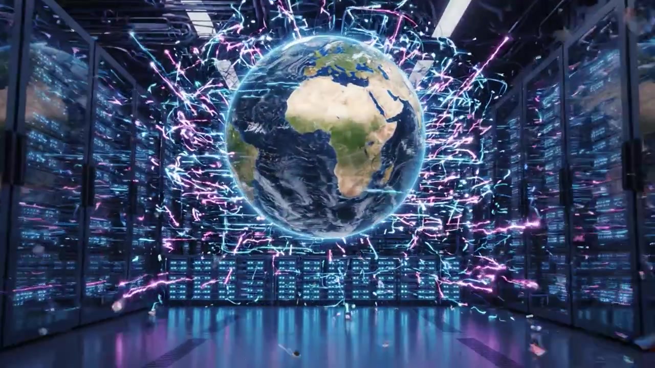 A High-Tech Data Center Displaying an Illuminated Earth Surrounded by Vibrant Light Trails and Advanced Network Connections, Showcasing Modern Technology and Global Connectivity.