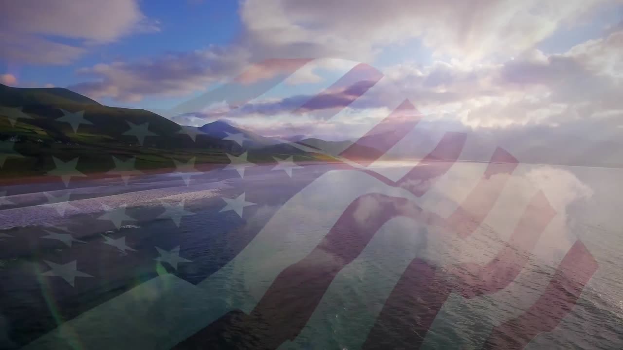animación de la bandera de los estados unidos ondeando sobre el paisaje de la playa