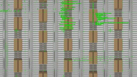 data processing against overhead view of multiple delivery boxes on conveyor belt