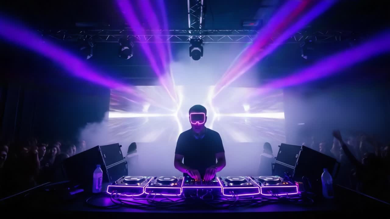 Dynamic DJ Performance with Neon Lights and Laser Effects at a High-Energy Event, Showcasing Vibrant Visuals and Engaging Atmosphere for Music Lovers