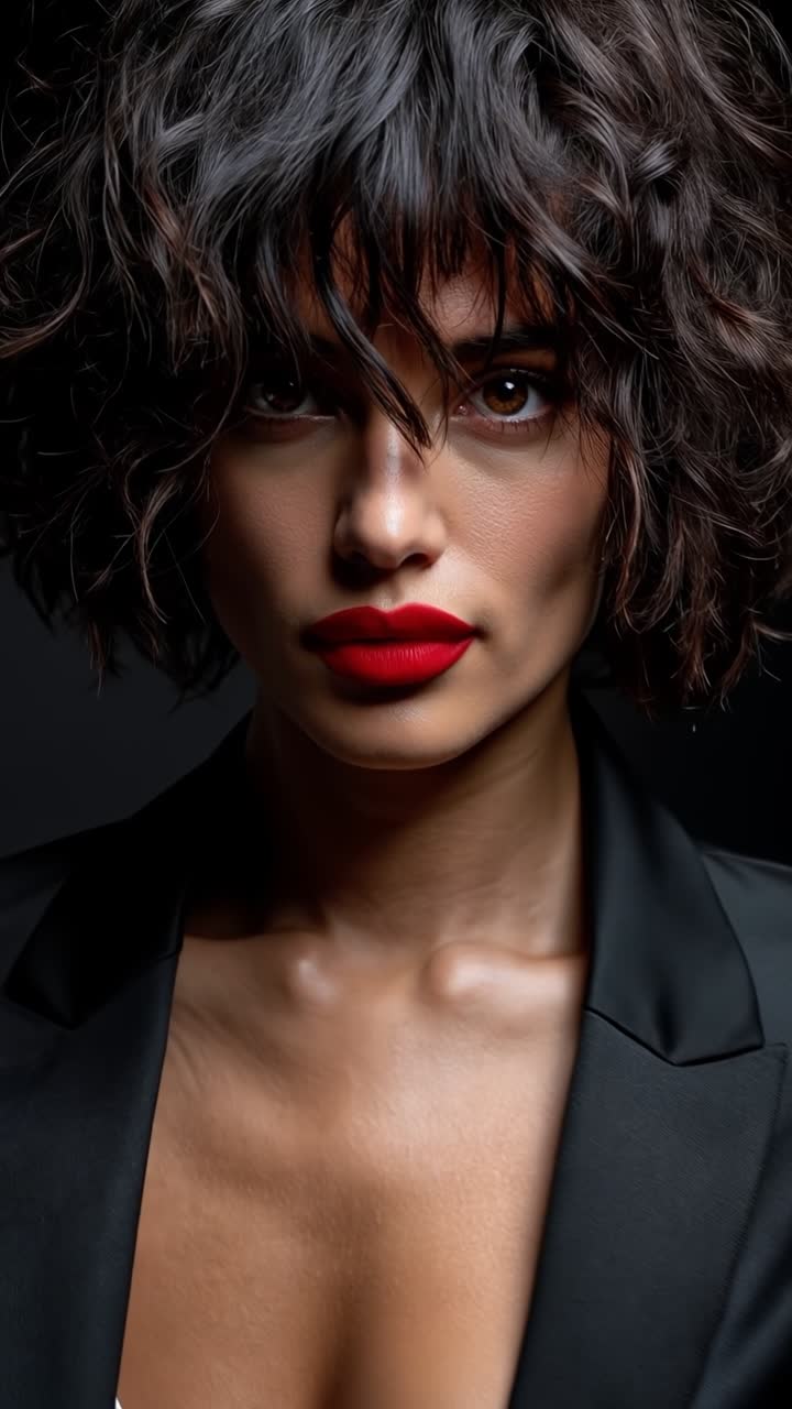 Donna misteriosa con capelli spettinati e rossetto rosso che posa con un blazer nero su uno sfondo scuro da studio