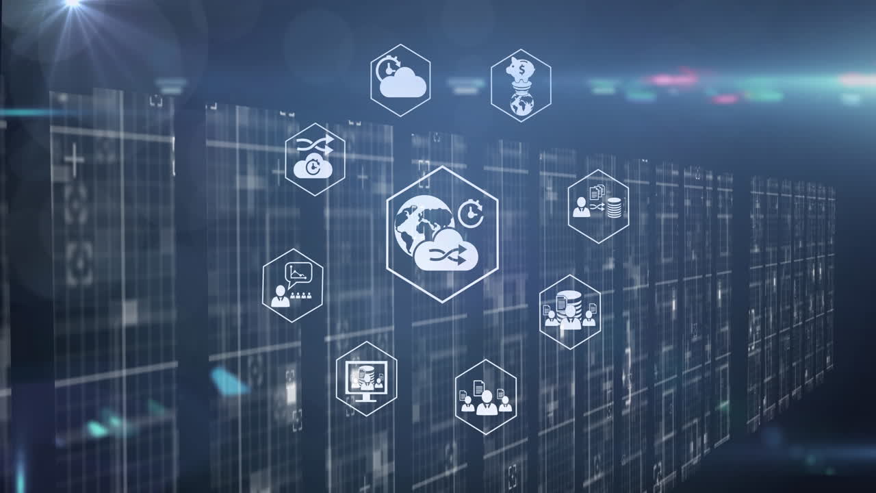 múltiples iconos digitales sobre rastros de luz y puntos de luz contra un fondo azul