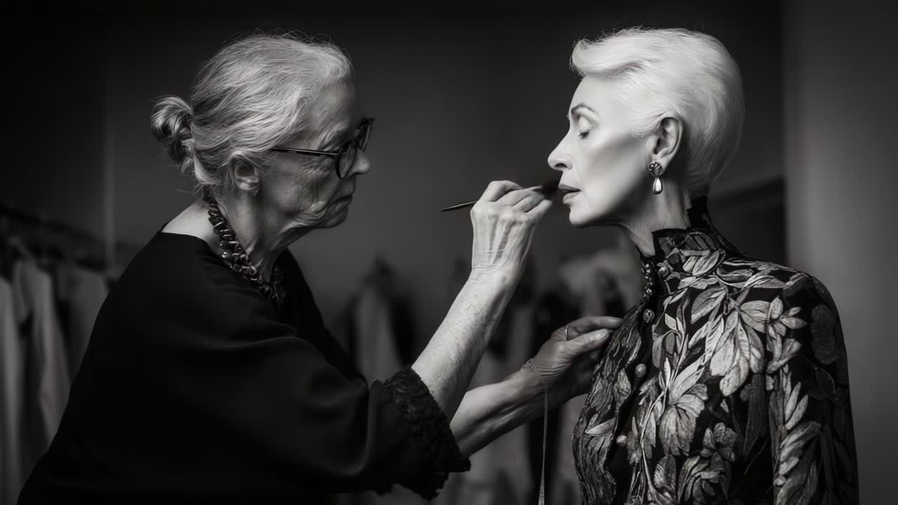 A Skilled Artist Enhances the Beauty of a Timeless Model in a Black and White Studio Scene, Capturing a Moment of Grace and Elegance in Fashion Preparation