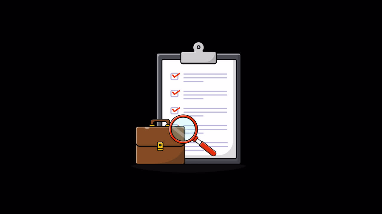 Animated Checklist Review with Magnifying Glass and Briefcase