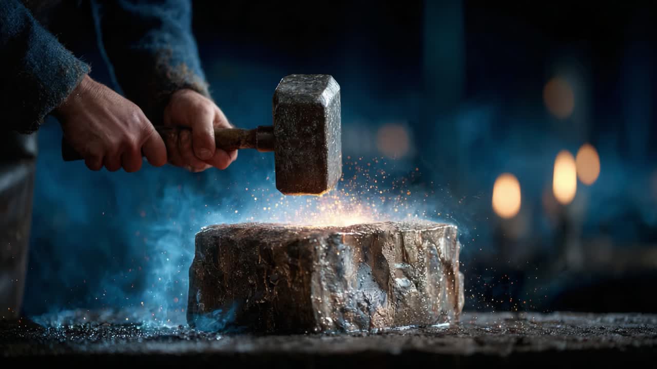 A Skilled Artisan Shapes Metal with Precision and Strength Using a Hammer, as Sparks Fly and Smoke Swirls in the Workshop's Ambient Light