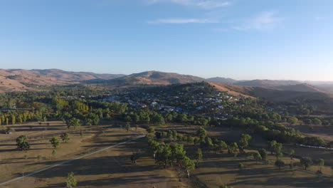 aerial: drone shot of the town of gundagai in the early morning light, nsw australia