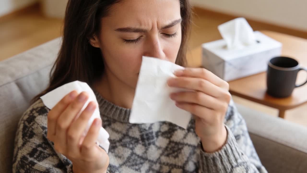 Soffiandosi e pulendosi il naso a causa del gocciolamento nasale, donna con maglione fantasia sul divano, scatola di fazzoletti, tazza.