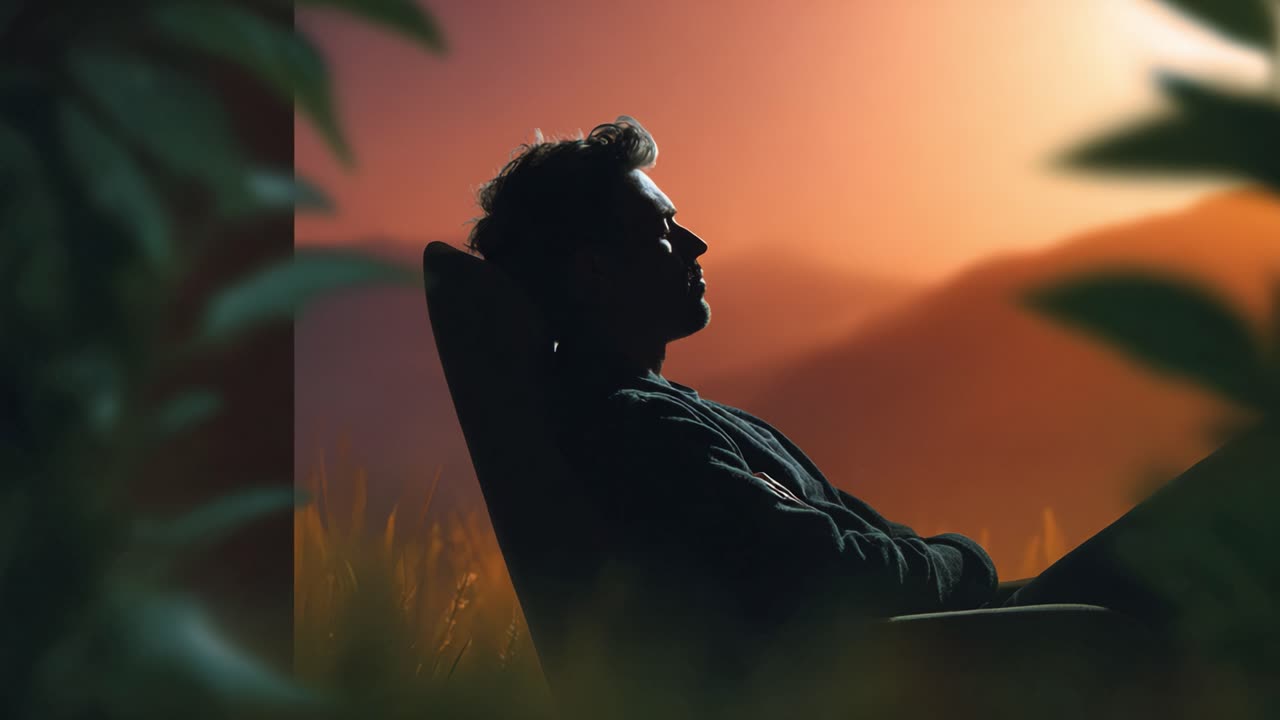 Contemplative Moment in Nature: A Silhouette of a Person Relaxing in a Chair Against a Breathtaking Sunset Background with Scenic Mountains and Lush Foliage