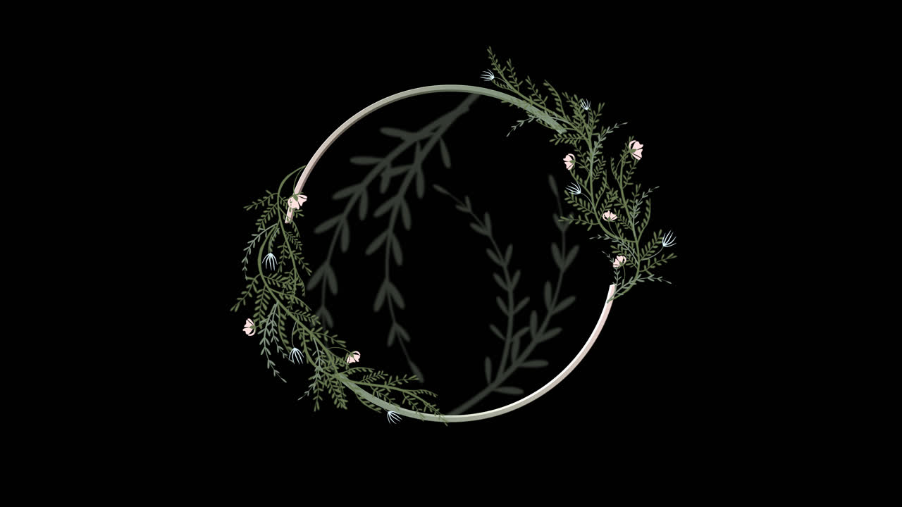 Animierter botanischer Kranz mit wachsendem grünem Laub und weißen Blüten.