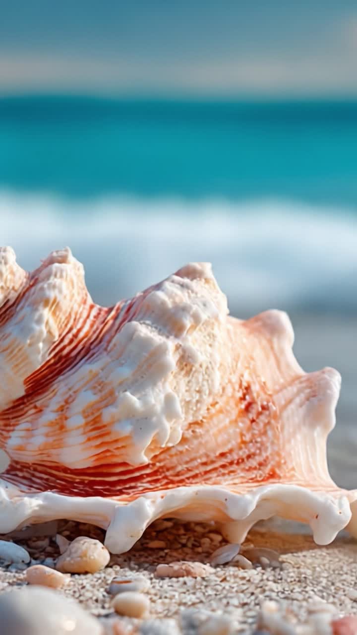 A Close-Up View of a Beautiful Seashell on the Beach with Gentle Waves in the Background, Showcasing Intricate Patterns and Colors in a Coastal Setting