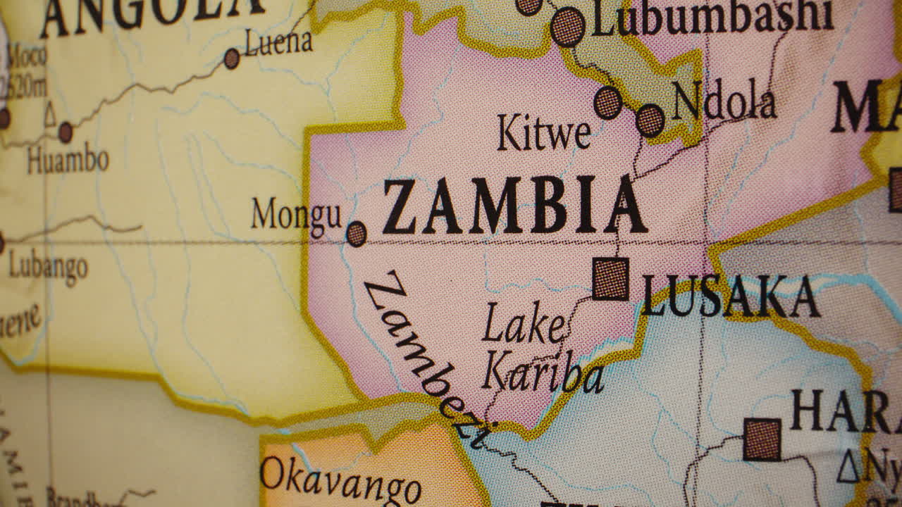 Close-up of a map showing Zambia and surrounding Southern African countries