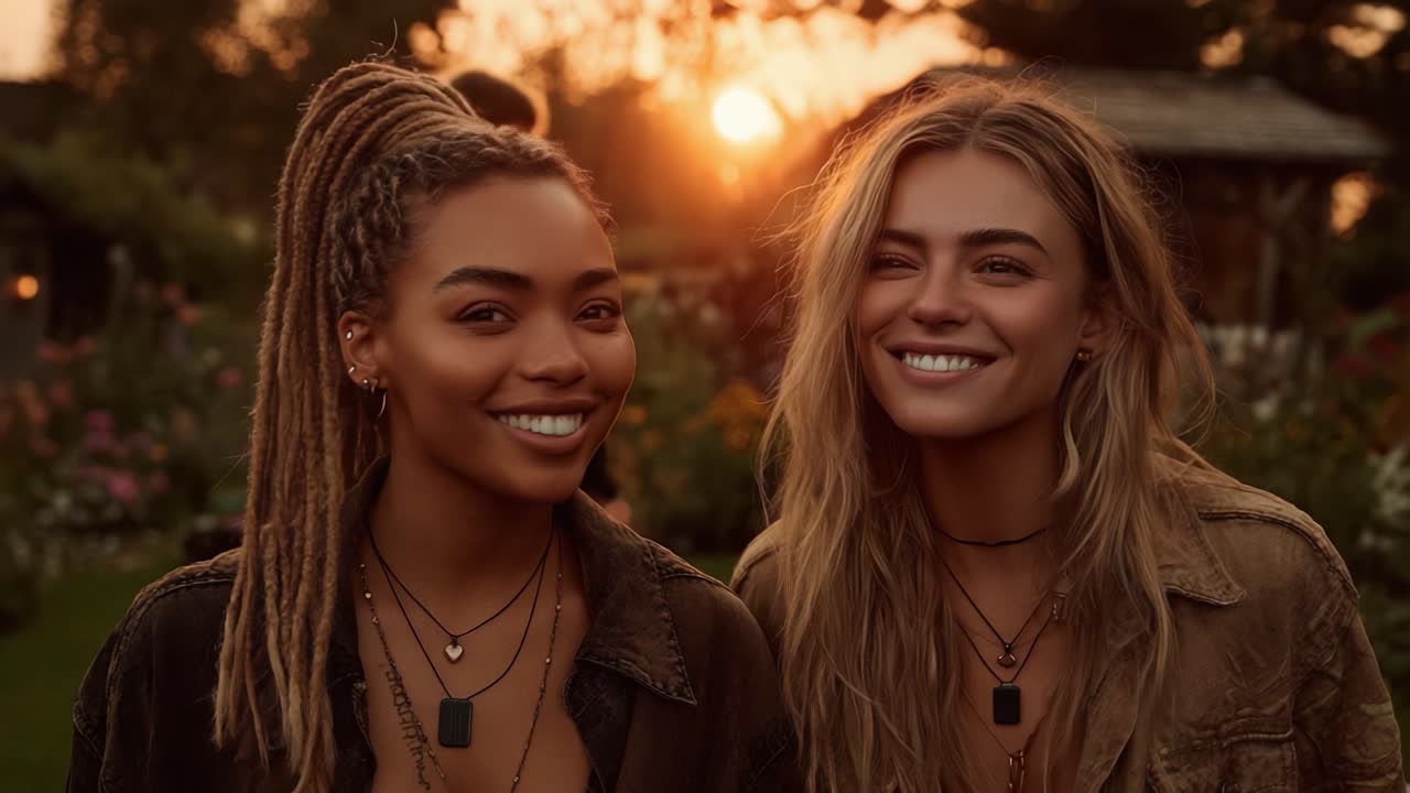 Zwei Freunde genießen einen goldenen Sonnenuntergang, strahlen Freude und Verbundenheit aus inmitten eines wunderschönen Gartens und fangen einen Moment der Freundschaft und des Glücks ein