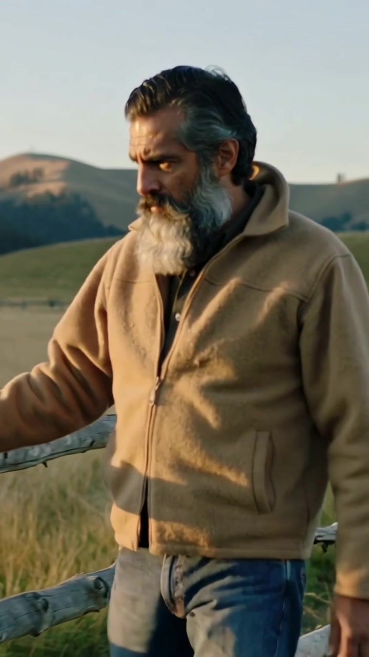 Vertical video: Leaning left hand on rail, bearded man checking wooden fence in field, in fleece