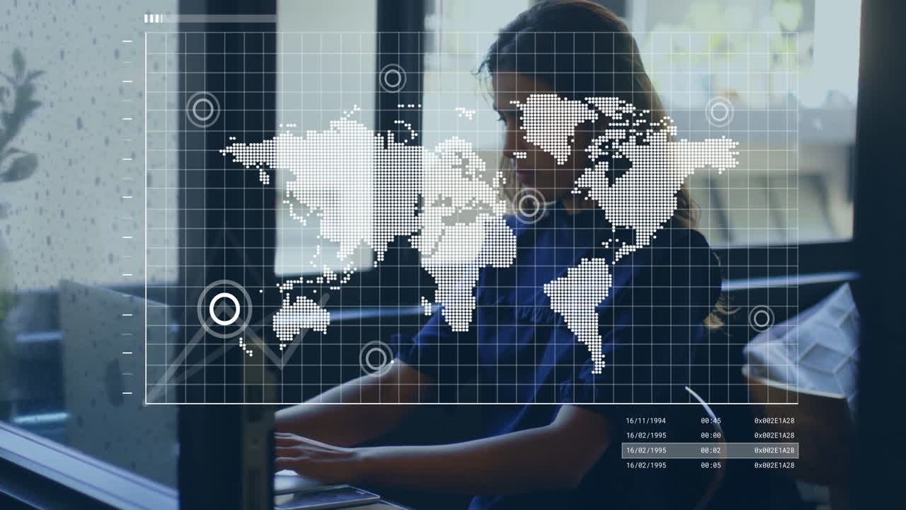 World map animation over person working on laptop in office environment